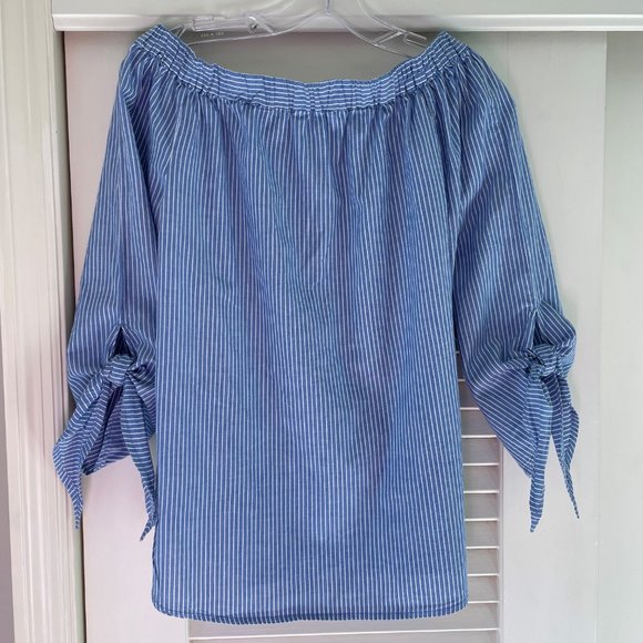 beachlunchlounge  Paige Blue Stripe Tie Bell Sleeve Off The Shoulder Top S - Picture 7 of 8